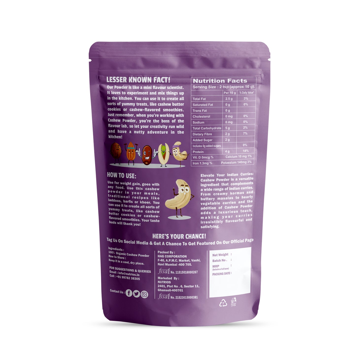 Nutrios Cashew Powder - Pack of 2 (300g + 300g)